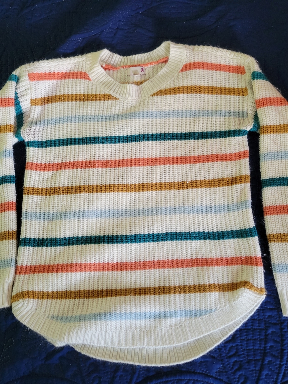 SO Cream Crewneck Sweater with Coral, Mustard, Teal & Light Blue Stripes